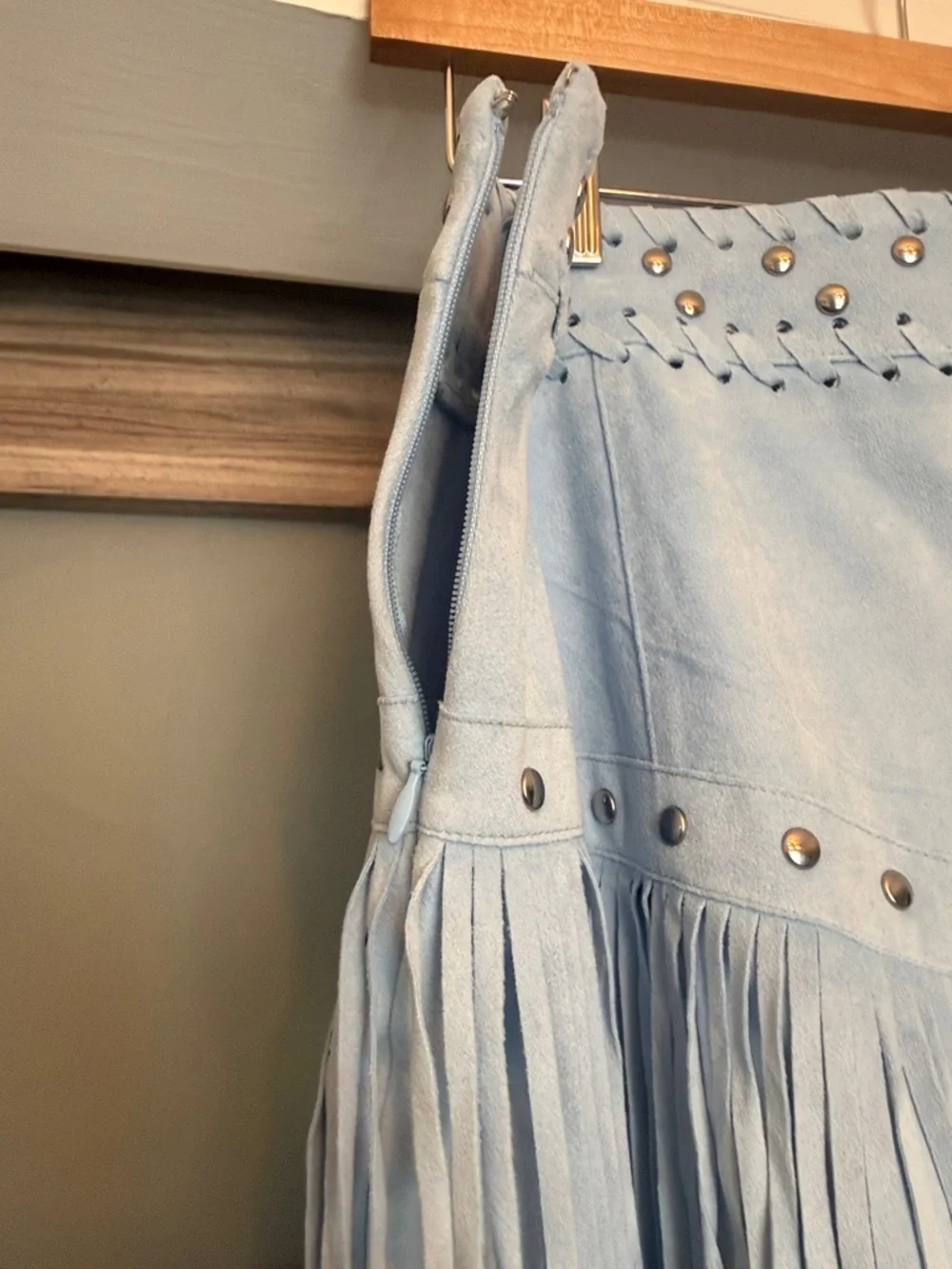 Idyllwind Light Blue Suede Fringe Mini Skirt with Studs - Picture 6 of 7